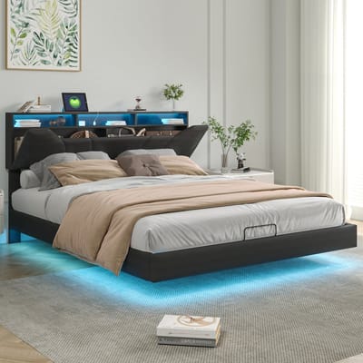 Opbergbed 140x200 Zwart met LED & USB – PU Tweepersoonsbed met Opbergruimte – Zwevend Bedframe met Verstelbaar Hoofdbord en Lattenbodem