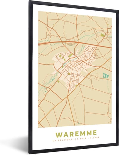 Fotolijst incl. Poster - Kaart - Vintage - Retro - Stadskaart - Waremme - Plattegrond - 40x60 cm - Posterlijst