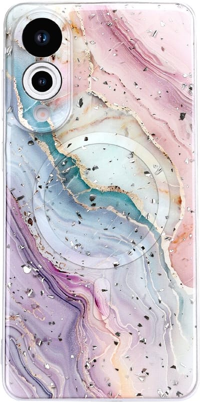 Casemania Hoesje Geschikt voor Samsung Galaxy S25 Edge - Roze - Marmer Glitter Back Cover met Camera Bescherming - Geschikt voor MagSafe