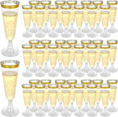 100 Stuks Plastic Champagneglazen 160ml met Gouden Rand voor Feestjes, Bruiloften, en Verjaardagen