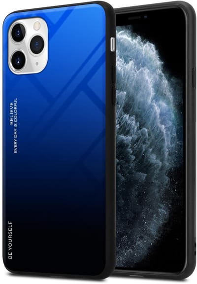 Cadorabo Hoesje geschikt voor Apple iPhone 11 PRO in BLAUW - ZWART - Tweekleurige beschermhoes van TPU-silicone Case Cover en achterzijde van gehard glas