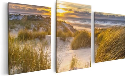 Artaza Canvas Schilderij Drieluik Strand En Duinen Tijdens Zonsondergang - 120x60 cm - Wanddecoratie Woonkamer - Schilderijen - Muurdecoratie