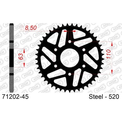 Stalen motortandwiel achteraan Afam 520 45 dents