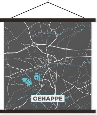 Posterhanger incl. Poster 60x60 cm - Schoolplaat - Stadskaart – Grijs - Kaart – Genappe – België – Plattegrond - Textielposter - Zwarte latten - Stadskaart