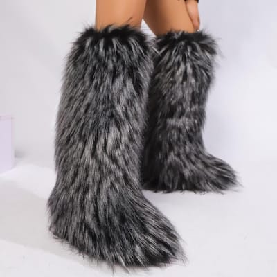 Dames Knielange Fuzzy Faux Fur Laarzen - Zacht, Warm en Comfortabel Instapmodel met Platte Hak Dames Pluche Warme Plateauschoenen 36 black