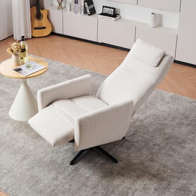 Relaxstoel met ligfunctie en voetensteun in chenille | Draaibare loungestoel voor woonkamer | Beige