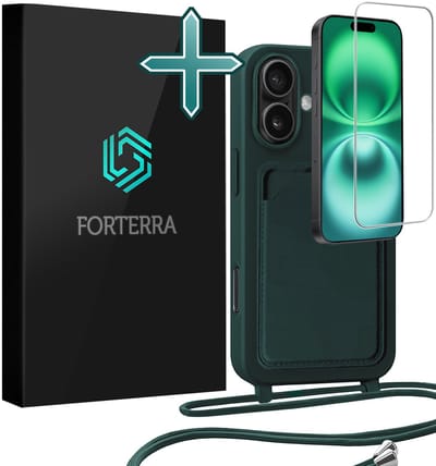 Hoesje Geschikt voor iPhone 16 Plus Pashouder Case Siliconen Hoes Met Koord Met Screenprotector - Hoes Geschikt voor iPhone 16 Plus Met Telefoonkoord Hoesje Back Cover Met Pasjeshouder - Donkergroen