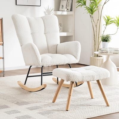 Schommelstoel met Voetenbank - Loungestoel Relaxstoel - Ontspannen Zitten - Stabiel Rubberhouten Frame - 92 cm Hoog - Wit