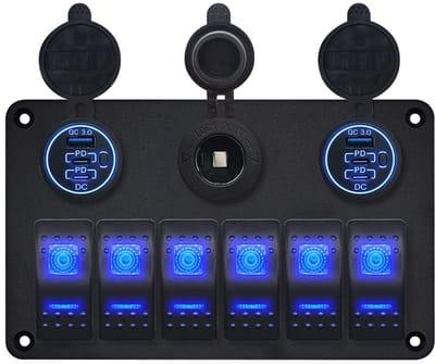 ProRide Schakelpaneel 12V voor Auto/Boot - 6 USB/USB Poorten met schakelaar - QC3.0 - 6 schakelaars + 12V/24V stopcontact