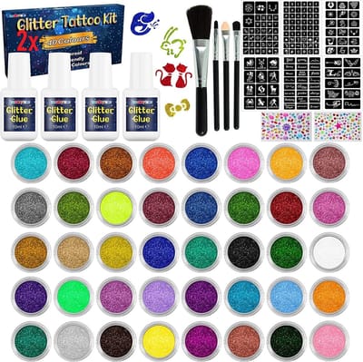 Glitter Tattoo Tijdelijke Tattoo Set voor kinderen - 80 kleuren glitter, 308 sjablonen, waterdicht en huidvriendelijk voor meisjes, kinderen, tieners, volwassenen, maskerade, feest, cosplay, 2 set