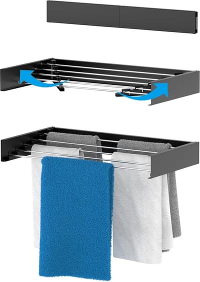 Droogrek voor aan de wand, uittrekbaar 80 cm, van hangwasdroger in klein, compact formaat, wasrek voor binnen en buiten, is uittrekbaar en ideaal voor badkamer of balkon, zwart