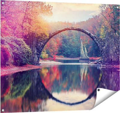 Gards Tuinposter Rakotz Brug in Duitsland in de Herfst - 100x80 cm - Tuindoek - Tuindecoratie - Wanddecoratie buiten - Tuinschilderij