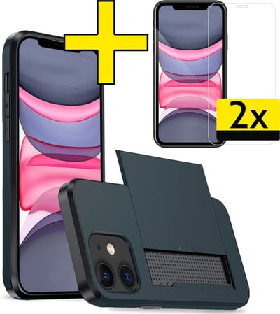 Hoesje Geschikt voor iPhone 11 Hoesje Case Pashouder Hard Cover Met 2x Screenprotector - Hoes Geschikt voor iPhone 11 Hoesje Met Kaarthouder - Donkerblauw