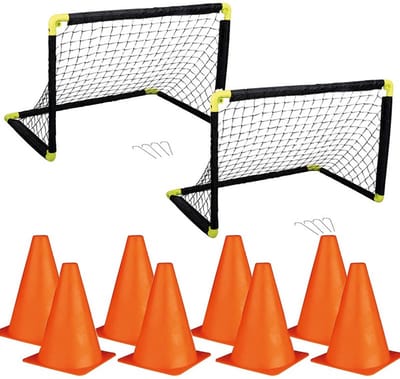 Complete voetbal speelset - van 2 voetbal goals - 55 x 44 x 44 cm - inclusief 8 stuks oranje pionnen