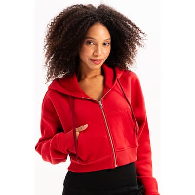 JUSTEVER Crop Hooded Hooded Zippered Kangaroo Pocket Raised Hoodie Red Women's Sweatshirt - Lumen