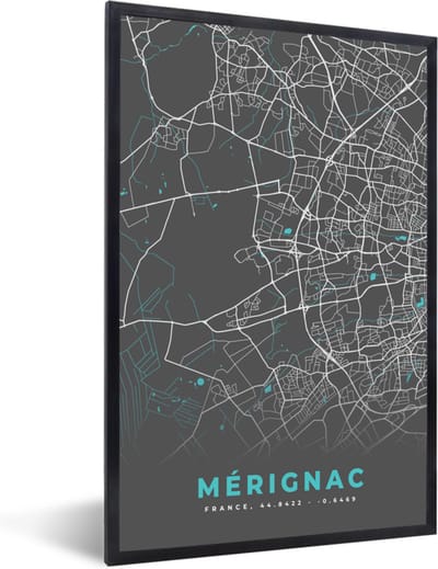 Fotolijst incl. Poster - Mérignac – Plattegrond – Frankrijk – Kaart – Stadskaart - 40x60 cm - Posterlijst