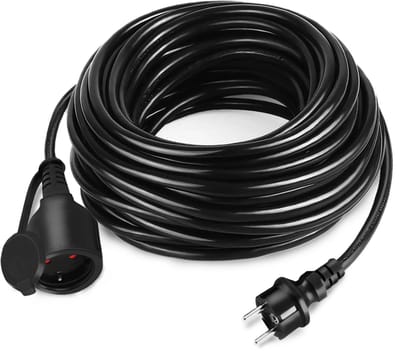 20 m zwarte verlengkabel, stroomverlengkabel, eurostekker, Schuko stekker, verlenging, 220-230 V, 16 A met beschermkap, outdoor IP44, bouwplaatskabel, geaarde stekker