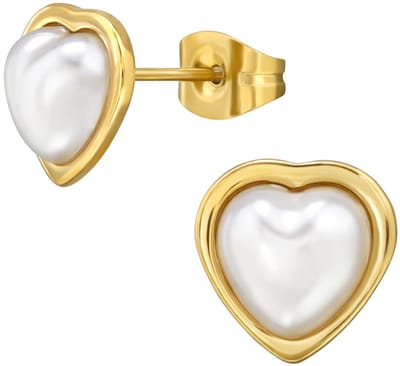 Joy Ibiza - hartje oorbellen met parel - chirurgisch staal - 9 mm - witte parel - ip/pvd gold plated