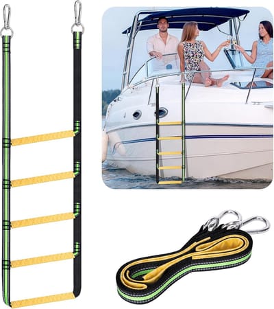 Touwladder - Dinghy-touwladder - 5 treden - Zware kwaliteit, 200 kg - Opvouwbare touwladder voor opstapjes - Klimtouwladder - Voor opblaasbare boten, pontonboten, kajaks, jetski's, zeilboten, kano's - Fluorescerend groen