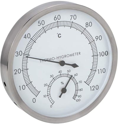 Dailygoods- Saunathermometer 2-in-1 - Hygrometer - Roestvrij Staal - Temperatuurbereik 10-120 °C - Vochtbereik 0-100% - Afmetingen 12,5 x 12,5 cm