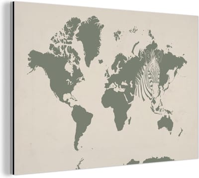 Wanddecoratie Metaal - Aluminium Schilderij Industrieel - Wereldkaart - Dieren - Zebra - 120x80 cm - Dibond - Foto op aluminium - Industriële muurdecoratie - Voor de woonkamer/slaapkamer