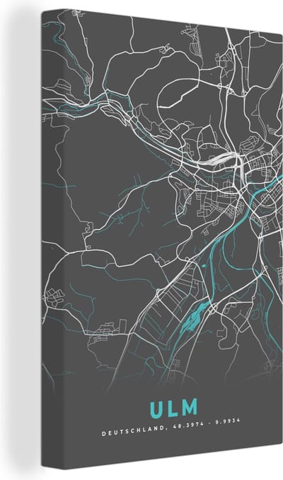 Canvas Schilderij Stadskaart – Kaart – Ulm – Blauw – Duitsland – Plattegrond - 20x30 cm - Wanddecoratie