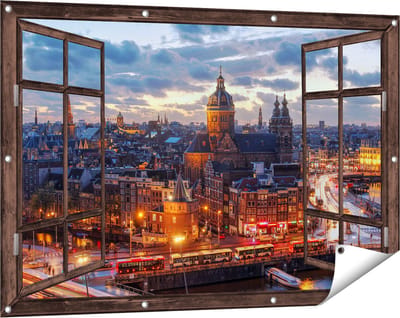 Gards Tuinposter Doorkijk Amsterdam Centrum Luchtfoto Zonsondergang - 120x80 cm - Tuindoek - Tuindecoratie - Wanddecoratie buiten - Tuinschilderij
