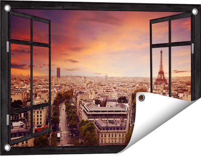 Gards Tuinposter Doorkijk Skyline Parijs met Eiffeltoren - 60x40 cm - Tuindoek - Tuindecoratie - Wanddecoratie buiten - Tuinschilderij