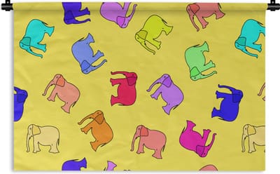 Wandkleed - Wanddoek - Olifant - Geel - Patronen - 90x60 cm - Wandtapijt