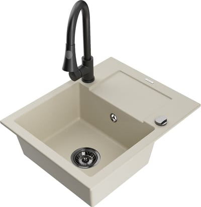 Mexen Enzo granieten gootsteen 1-komorig met druiprek en keukenmengkraan Elia, beige - 6506-69-670101-70