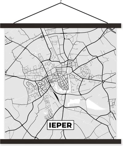 Posterhanger incl. Poster 60x60 cm - Schoolplaat - Zwart Wit – België – Plattegrond – Stadskaart – Kaart – Ieper - Textielposter - Zwarte latten - Stadskaart
