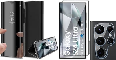 Hoesje geschikt voor Samsung Galaxy S24 Ultra - Screenprotector Volledig Dekkend Glas & Camera - Spiegel Book Case Zwart