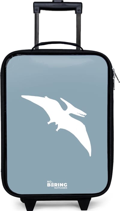 NoBoringSuitcases.com® - Kinderkoffer jongen - Kindertrolley meisje - Blauw met Pteranodon dino - Koffer kind lichtgewicht - Reiskoffer trolley voor kinderen - Koffertje met lichtgevende wieltjes - Rolkoffer zwart