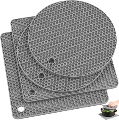 4 Stuks siliconen onderzetters - Pannenonderzetter Hittebestendig - Siliconen Mat - Ovenwantenantislip en duurzaam - voor hete gerechten - gemakkelijk te wassen en te drogen (grijs)