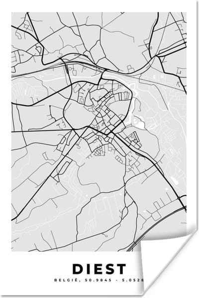 Poster Plattegrond – Diest – Zwart Wit – Stadskaart - Kaart - 120x180 cm XXL