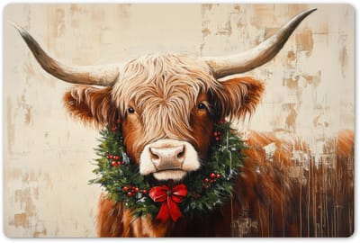 Placemats 45x30 cm - Placemat kunststof - 1 stuk - Kerst - Schotse Hooglander - Bruin - Krans - Borden onderleggers - Decoratie voor op tafel - Keuken tafeldecoratie accessoires - Vinyl onderlegger - Tafelversiering