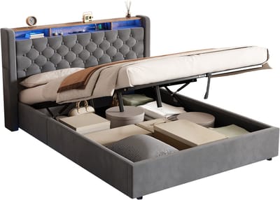 MODFU Gestoffeerd Bed 140x200 cm – 218,5x150x100 cm – Met LED, hydraulische opbergruimte, USB & stopcontact – Fluweel donkergrijs