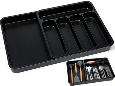 Verstelbare Bestekbak - Uitschuifbaar Bestekbak - Keukenlade-organizer - 32.5/53 x 34.5 x 5.5 cm - Bestek opbergdoos - Besteklade Organizer - Keukenlade Bestek Organiser - Bestekhouder Keuken - Ladeverdeler - Voor Lepels, Vorken, Messen - Zwart