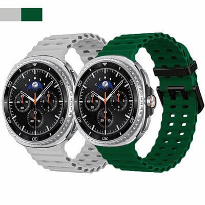 Stravo 2-pack Ocean sportbandje – Geschikt voor Samsung Galaxy Watch 9 (40/44mm) / Watch 8 (40/44mm) / 8 Classic (46mm) – Lichtgrijs + Groen – Ademend zacht siliconen waterdicht horlogebandje