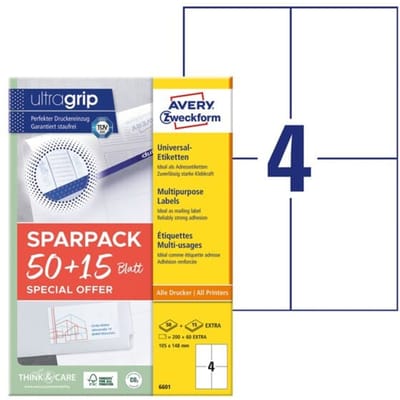 Avery Zweckform etiketten 6601, universeel, ultragrip, geschikt voor inkjet & laserprinters, 105 x 148 mm, 260 stuks/65 A4 vellen, FSC® papier, wit
