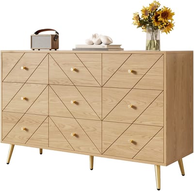 Moderne 9-Laden Commode-Met IJzeren Poten-Stijlvolle Opberglossing voor Slaapkamer, Woonkamer en Hal-Robuuste PB Constructie met Geometrisch Design-Wit