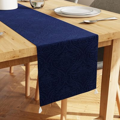 XO tafelloper | Geborduurd fluweel | Afmeting 32x183 cm | Kleur marineblauw met premium polyester - Machinewasbaar
