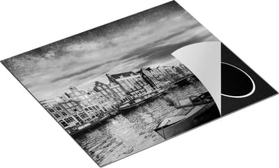 Chefcare Inductie Beschermer Amsterdamse Gracht in de Nacht met Sterren - Zwart Wit - 60x50 cm - Afdekplaat Inductie - Kookplaat Beschermer - Inductie Mat