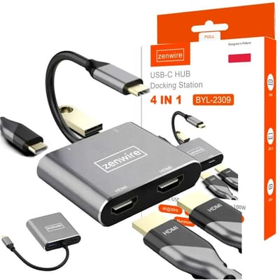 Zenwire Hub 4w1 BYL-2309 - Hub USB-C - Adapter 2x HDMI 4K 30 HZ / Full HD 60 HZ - USB 3.0 - Type-C to Double HDMI converter - Dual HDMI Adapter - Thunderbolt 3.0 - Geschikt voor Samsung - Microsoft - Macbook - Windows