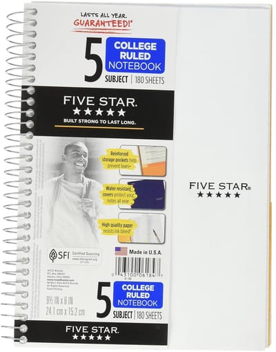 Spiraal Notitieblok, 5 Vakken, College Ruim Lijntjes, 180 Vel, Assortiment Kleuren