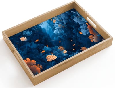 Dienblad hout 40x30 cm - Schootdienblad - Koraalrif - Vissen - Oceaan - Blauw - Borrelplank rechthoek - Plateau dienbladen