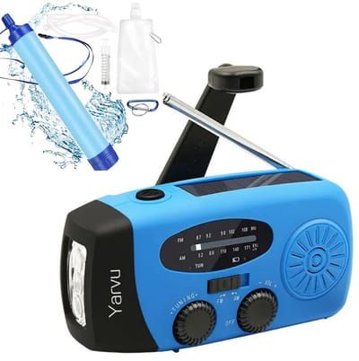 Noodpakket 6 IN 1 Noodradio + Waterfilter Set - Opwindbaar + Zonneenergie + Nood Radio Op ingebouwde Batterijen ( Accu ) - Solar - Voor Rampen - Draagbare - FM AM - Blauw