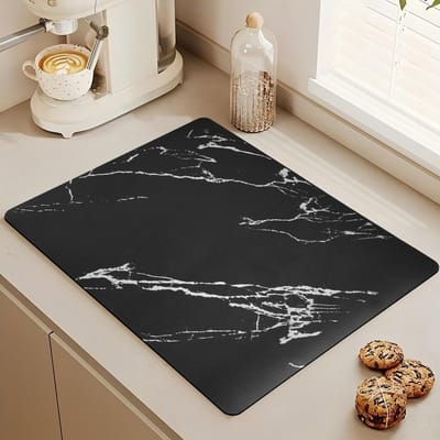 Koffiemat met verborgen rubberen achterkant, 50 x 40 cm, marmerlook | zwart, geschikt voor vaatwasbak voor keukenwerkbladen, koffiezetapparaten, 1 stuk