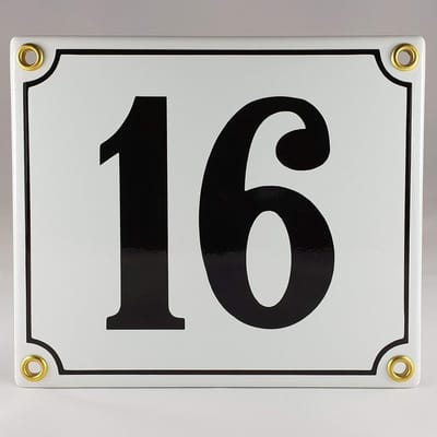 Huisnummer Emaille - Nummerbord Buiten - Voordeur Decoratie - Handgemaakt Verhoogd - 12x14cm Nummer 16 - Zwart Wit