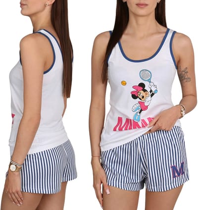 DISNEY Minnie Mouse Wit-marineblauwe damespyjama, tweedelige zomerpyjama met spaghettibandjes, 100% katoen, OEKO-TEX